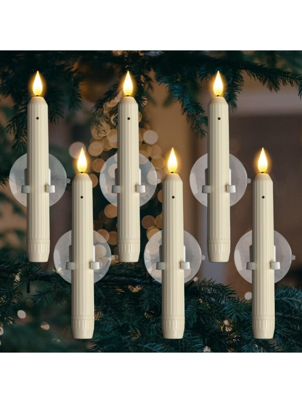 6 Pcs Flameless LED Window Candles with Dusk to Dawn Sensor - Ivory Striped
